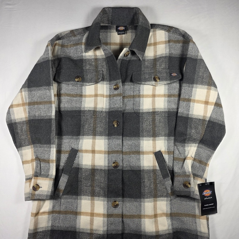 Dickies Women Flannel Shacket Jacket Small Gray Plaid Button Up Warm Workwear - Picture 9 of 14